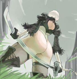 1girls absurdres ass ass_focus boots female female_focus grass grey_sky highres huge_ass leotard nier:_automata nier_(series) ratf short_hair sky solo sword thick_thighs thighs weapon white_hair yorha_2b