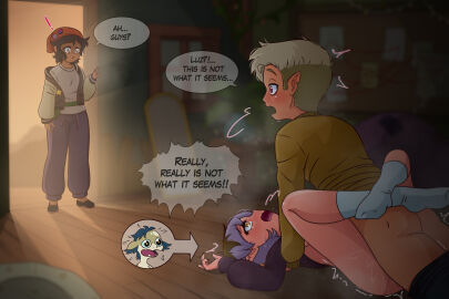 1boy 2girls amity_blight blonde_hair brown_hair caught caught_in_the_act dialogue disney disney_channel elchasconsito english_text female hunter_(the_owl_house) leg_lock luz_noceda male mating_press multiple_females multiple_girls purple_hair sex shapeshifter tagme text the_owl_house toe_point vee_(the_owl_house)