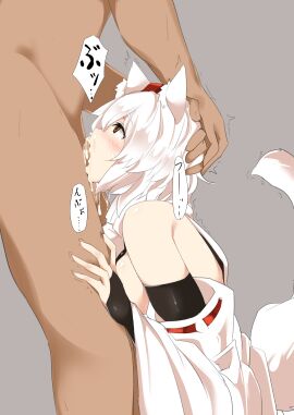 1boy absurdres animal_ear_fluff animal_ears black_bridal_gauntlets blush breasts bridal_gauntlets brown_eyes clothed_female_nude_male commentary_request crying crying_with_eyes_open cum cum_in_mouth cum_in_nose deepthroat detached_sleeves fellatio female grey_background hand_on_another's_head hat highres houkai_(collapse_illust) inubashiri_momiji irrumatio large_breasts male momiji_inubashiri nude open_mouth oral penis pom_pom_(clothes) red_hat ribbon-trimmed_sleeves ribbon_trim shirt short_hair sideboob simple_background sleeveless sleeveless_shirt solo_focus straight tail tears tokin_hat touhou trembling uncensored upper_body white_hair white_shirt white_sleeves wolf_ears wolf_girl wolf_tail