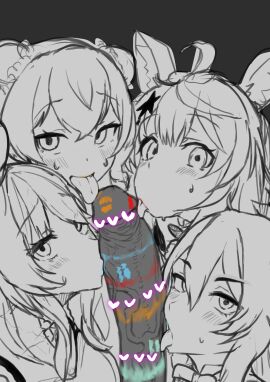 1boy 4girls ahoge animal_ears cat_girl censored collaborative_fellatio cooperative_fellatio elf elf_ears fellatio female femsub fennec fennec_ears fox_ears fox_girl greyscale hair_bun hololive hololive_gen_5 hololive_japan huge_cock kitsune light-skinned_male light_skin lion_ears lion_girl lipstick lipstick_mark lipstick_ring long_hair looking_at_viewer male maledom momosuzu_nene monochrome multiple_females multiple_girls neet_23_neet3 nii-san omaru_polka open_mouth oral penis quadruple_fellatio rainbow_party shishiro_botan short_hair spot_color teamwork tongue tongue_out virtual_youtuber yukihana_lamy