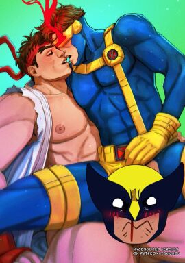 3boys abs bara bare_legs bare_pectorals beard_stubble blue_bodysuit blush bodysuit brown_hair capcom censored character_censor couple covered_abs crossover cyclops_(x-men) dougi eastern_and_western_character english_commentary facial_hair feet_out_of_frame gloves gradient_background green_background head-mounted_display headband highres kissing light_trail male male_focus male_only marvel marvel_comics marvel_vs._capcom marvel_vs._capcom_2 multiple_boys multiple_males muscular muscular_male nipples nosebleed novelty_censor open_clothes paid_reward_available pectorals red_headband ryu_(street_fighter) short_hair sideburns sitting sitting_on_person spread_legs street_fighter stubble wavy_mouth wolverine_(x-men) x-men x-men_vs._street_fighter yakichou yaoi yellow_gloves