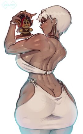 1futa angy_(sasha_khmel) ass ass_crack black_choker borrowed_character breasts butt_crack character_doll choker dark-skinned_futa dark_skin earrings from_behind futanari gold_lipstick gold_nails grey_dress grey_hair hip_vent intersex kali_(asura) kalivero large_breasts miniskirt muscular muscular_arms muscular_back muscular_futa no_panties o-ring o-ring_skirt o-ring_top original original_characters short_hair sideboob skirt solo_focus standing tubetop wide_hips