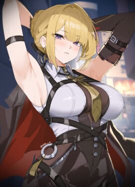 1girls armpits arms_up beauty_mark beauty_mark_under_eye big_breasts blonde_female blonde_hair breasts busty clothed evelyn_chevalier female female_only hoyoverse large_breasts light-skinned_female light_skin mihoyo mihoyo_technology_(shanghai)_co._ltd. mole mole_under_eye mostly_clothed nvl stars_of_lyra tagme tight_clothing zenless_zone_zero