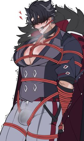 big_pecs black_hair blindfold bondage bulge clothed clothing genshin_impact juju_eateatuwu male male_focus male_only muscular muscular_male pecs rope rope_bondage solo solo_focus solo_male thighs tied_hands tied_up tongue tongue_out wriothesley_(genshin_impact)