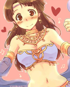 anklet anklets bare_arms bare_legs bare_midriff bare_shoulders bare_thighs barefoot belly_button belly_dance belly_dancer belly_dancer_outfit belly_dancing blue_silk blush_lines bra bracelet bracelets breasts brown_eyes brown_hair cleavage clothing collar cuffs dancer dancer_class dancer_girl dancer_outfit earrings female gold_(metal) gold_anklet gold_anklets gold_bracelet gold_collar gold_cuffs gold_earrings gold_jewelry gold_necklace gold_neckwear golden_anklets golden_collar golden_cuffs golden_earrings golden_neckwear harem harem_girl harem_jewelry harem_outfit harushino long_hair long_skirt love_heart love_hearts metal_collar metal_cuffs midriff musical_note musical_note_background musical_notes navel neckwear plum_(tear_ring_saga) purple_sandals purple_skirt sandals silk silk_dancing silk_scarf skirt sleeveless small_breasts tear_ring_saga tear_ring_saga:_utna_heroes_saga thick_thighs topwear video_game video_game_franchise white_bra white_topwear