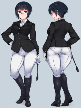 1girls ass black_boots black_hair black_jacket boots breasts em_(totsuzen_no_hakike) female full_body glasses gloves grey_eyes highres holding holding_riding_crop jacket knee_boots long_sleeves medium_breasts multiple_views original pants pantylines riding_boots riding_crop riding_outfit short_hair standing white_gloves white_pants