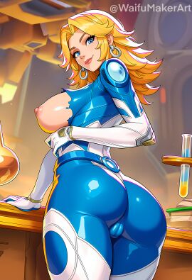 ai_generated ass ass_focus cameltoe female female_only hi_res high_resolution highres huge_ass laboratory large_breasts looking_at_viewer looking_back marvel marvel_rivals nipples pink_nipples smile sue_storm torn_bodysuit waifumakerart