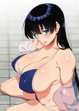 absurdres arato_nagi armpit_crease bare_shoulders bikini black_hair blue_bikini blue_eyes blush breasts cleavage earrings female from_above highres jewelry large_breasts long_hair looking_at_viewer mattari_yufi nagi_arato navel open_mouth ruri_no_houseki ruri_rocks sitting smile solo stud_earrings swimsuit wariza