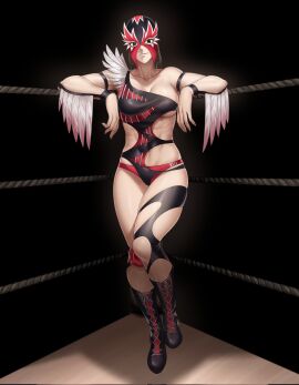 1girls abs alluring alternate_costume asymmetrical_clothes asymmetrical_legwear athletic athletic_female black_footwear boots breasts brown_eyes brown_hair collarbone commentary commission corner cross-laced_footwear english_commentary feather_trim female female_abs fit fit_female full_body hanny_(uirusu_chan) highres jaycee jaycee_(tekken) julia_chang knee_pads lace-up_boots large_breasts looking_at_viewer luchador luchador_mask namco navel redesign short_hair single_knee_pad single_thighhigh smirk solo standing tekken tekken_3 tekken_4 tekken_5_dark_resurrection tekken_6_bloodline_rebellion tekken_7 tekken_8 tekken_tag_tournament tekken_tag_tournament_2 thighhighs underboob wrestler wrestling_mask wrestling_outfit wrestling_ring