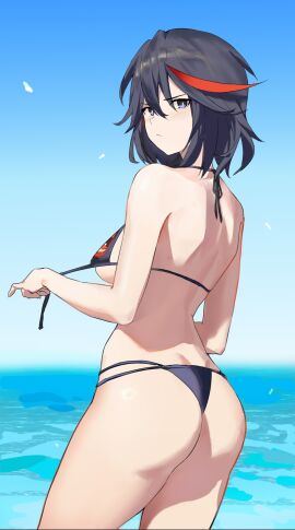 1girls absurdres ass back bikini black_bikini black_hair blue_eyes blue_sky closed_mouth cowboy_shot day female from_behind front-tie_bikini_top front-tie_top highres imminent_nudity kill_la_kill looking_at_viewer looking_back matoi_ryuuko multicolored_hair ocean outdoors pogua_haka short_hair sky solo streaked_hair swimsuit two-tone_hair undressing untied_bikini v-shaped_eyebrows