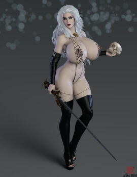 1girls 3d 3d_(artwork) 3d_model 3d_render aesmadaeva37 artist_logo artist_name ass barely_clothed bimbo bimbo_body black_widow_spider breasts chaos_comics female female_only heels hips holding holding_object holding_skull holding_weapon hourglass_figure huge_breasts lady_death large_ass large_breasts legband lipstick makeup mascara navel nipples nipples_visible_through_clothing no_pupils no_sclera pinup red_lipstick red_nails simple_background skull sling_bikini solo solo_female spider sword thick_thighs thighhighs thighs toes weapon white_hair wide_hips