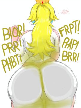 1girls ass ass_against_glass ass_bigger_than_head ass_on_glass big_ass big_butt blonde_hair blush bodysuit fart fart_cloud fart_fetish farting female glass mario_(series) mario_kart mario_kart_world nightmaresfd nintendo ponytail princess_peach rear_view solo_female standing super_mario_bros. tiara viewed_from_behind white_background