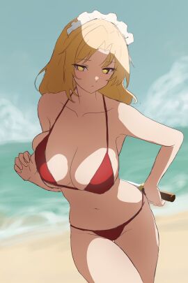 beach bikini blonde_hair breasts cleavage female looking_at_viewer moriforest1040 navel touhou yellow_eyes yumeko_(touhou)