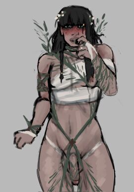 amazon amazonian androgynous ass bandage bandaged_arm bandages bare_legs bare_shoulders barefoot barely_clothed big_ass big_butt big_lips bisexual biting_finger black_hair blush cute embarrassed femboy foreskin forest_background freckles freckles_on_face headpat jungle jungle_boy language_barrier large_ass large_cock large_penis loincloth male mellomi messy_hair penis plant plant_clothing practically_nude soles thick_thighs uncircumcised uncircumcised_penis uncut xoco_(mellomi)