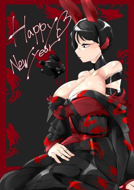 1girls big_breasts black_hair breasts cleavage clothing female library_of_ruina project_moon scar short_hair sitting tagme yujin_(library_of_ruina)