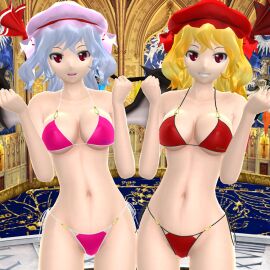 2024 2girls 3d arms_raised bikini blonde-haired_female blonde_hair crystal_wings duo_female embodiment_of_scarlet_devil female flandre_scarlet hati_yukkuri_mmd indoors light-skinned_female light_blue_hair light_skin looking_at_viewer mansion mmd mob_cap pink_bikini red_bikini red_eyes red_ribbon remilia_scarlet siblings sisters smiling_at_viewer swimsuit touhou vampire_girl vampire_wings