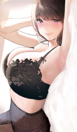 armpits arms_up blush breasts brown_hair female inushima lace_trim large_breasts lingerie lingerie_bra mature_female medium_hair milf pantyhose purple_eyes seductive seductive_look seductive_smile sitting veiny_breasts
