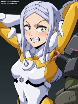 1girls armpit_fetish armpit_licking armpits arms_above_head arms_up blush bodysuit breasts clenched_teeth clothed clothing female fully_clothed gritted_teeth gundam gundam_00 hi_res high_resolution highres licking_anus licking_armpit light-skinned_female light_skin marie_parfacy pale-skinned_female pale_skin perky_breasts petite small_breasts soma_peries sweat sweatdrop sweating takethestrain teeth teeth_showing tongue tongue_out white_hair yellow_eyes