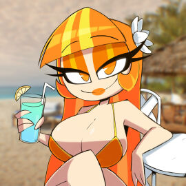 amanda_(nelljoestar) beach bedroom_eyes big_breasts bikini blonde_hair breasts female flower_in_hair nelljoestar orange_lipstick original original_character