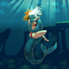 about_to_drown barefoot bikini breasts cheesomancer female holding_breath hugging human male male/female merfolk merman original original_character original_characters sex sex_in_water swimsuit underwater white_hair