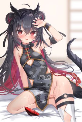:p ahoge akahaneko black_dress black_hair blurry blurry_background blush bracelet breasts china_dress chinese_clothes chinese_zodiac cleft_of_venus clothing_cutout collar colored_inner_hair covered_navel crossed_bangs cup dragon_horns dragon_print dragon_tail dress facial_mark female half_updo highres horns jewelry leaning_to_the_side long_hair looking_at_viewer multicolored_hair nail_polish no_nostrils no_panties o-ring o-ring_thigh_strap oerba_yun_fang original purple_hair pussy red_eyes sakazuki single_thighhigh sitting slit_pupils small_breasts solo sweat tail thigh_strap thighhighs thighs thin_eyebrows tongue tongue_out very_long_hair year_of_the_dragon