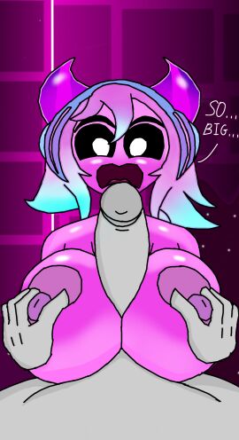 beat_banger big_breasts big_penis black_eyes boobjob breastjob breasts dexxa female fire_in_the_hole geometry_dash headphones horns insane_(geometry_dash) male paizuri penis penis_awe purple_hair purple_skin sex shocked short_hair size_talk soupsillon text toriel_beat_banger uncensored unknown_source