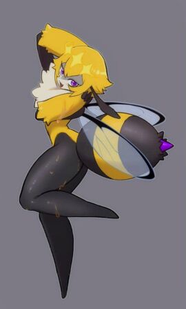 1girls antennae anthro arthropod_abdomen bee blush covered_in_honey crown female fur honey posing posing_for_the_viewer purple-eyed_female purple_eyes queen_poisonous_honeybee_(solo_farming_in_the_tower) smile solo_farming_in_the_tower thick_thighs wings