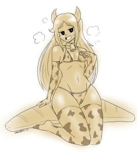1girls bikini bikini_bottom bikini_top cow_horns cow_print cow_print_armwear cow_print_bikini cow_print_bra cow_print_gloves cow_print_leggings cow_print_legwear cow_print_lingerie cow_print_panties cow_print_stockings cow_print_thighhighs cowbell cowkini dabloons daphne_(omori) female female_only flat_chest flat_chested long_hair omori solo_female thick_thighs