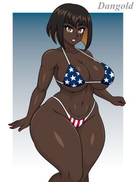 1girls american_flag_bikini arkana_(dangold) black_hair breasts curvy dangold dark_skin female highlights huge_breasts looking_at_viewer marking_below_eyes mole sole_female thick_thighs