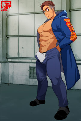 1boy bara briefs bulge clothing erection_under_clothes gay glasses male male_focus male_nipples male_only masculine_male muscular muscular_chest muscular_male nakata nipples penis penis_outline shunpei_nakata solo solo_male underwear yaoi