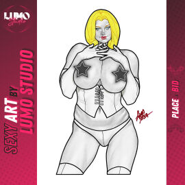 blonde_female blonde_hair blue_eyes breasts breasts_out censored censored_breasts corset emma_frost female hellfire_club huge_breasts lucas_silva lumo_studio marvel marvel_comics panties pinup topless topless_female white_queen x-men