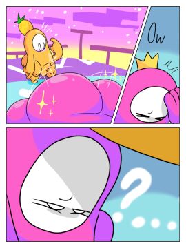 anthro ass blushing boner comic_page confused_look fall_guys fat_ass gay hand_on_head japansadface male on_floor orange_body pink_body sparkles text