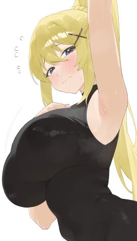 1girls absurd_res absurdres adult adult_female armpit armpit_crease armpit_focus armpit_peek armpits belly belly_button black_topwear blonde-haired_female blonde_eyebrows blonde_female blonde_hair blue-eyed_female blue_eyes blush blush_face blush_lines blushed_face blushing_at_viewer blushing_face blushing_female breasts busty busty_female byeon_dha cleavage darkness_(konosuba) dot_nose elbows embarrassed_expression embarrassed_female female female_only from_below hair_between_eyes hairless_armpits hairpin hand_on_breast hand_on_chest hand_on_own_breast hand_on_own_chest high_resolution highres kono_subarashii_sekai_ni_shukufuku_wo! large_breasts lean_figure light-skinned_female light_skin long_hair looking_at_viewer looking_down looking_down_at_viewer mature_female narrow_waist navel nervous nervous_face nervous_female nervous_sweat ponytail shaved_armpits shy sideboob sidelocks simple_background slender_body slender_waist slim_female slim_waist smooth_armpits solo standing thin_waist topwear underboob upper_body white_background