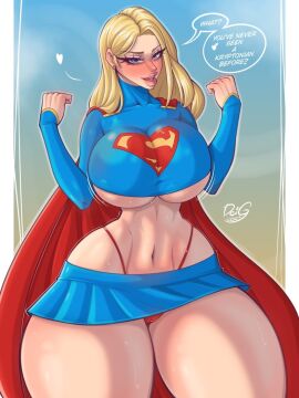 1girls ass bad_anatomy big_ass big_breasts big_lips blonde_hair blue_eyes blue_miniskirt blue_skirt blush breasts cape dc dc_comics deigart dialogue english_text exposed_midriff female front_view g-string highleg highleg_panties huge_ass huge_breasts kara_danvers kara_zor-el large_ass large_breasts microskirt miniskirt navel obliques red_cape red_panties revealing_clothes skimpy_clothes skirt slender_waist speech_bubble standing supergirl superhero superheroine superman_(series) text thick thick_ass thick_thighs thong thong_straps underboob vertical_navel whale_tail