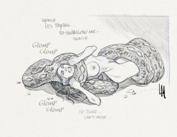 breasts coiling completely_nude constriction english_text female giant_snake helpless ludoviccar medium_breasts monochrome nude predator/prey resisting simple_background snake snake_vore teeth_clenched vore