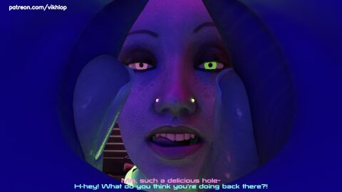 3d alien alien_humanoid aria_t'loak asari_futa balls blender comic comic_page english english_text futanari glowing_piercing huge_balls huge_cock intersex latex_clothing liara_t'soni mass_effect no_nut_november penis piercings tease vikhlop