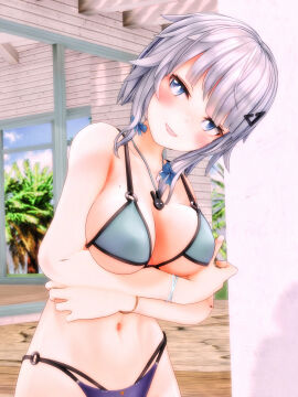 1girls 2022 3d belly_button bikini blue_bowtie blue_eyes breasts embodiment_of_scarlet_devil female hairpin human light-skinned_female light_skin mmd necklace outdoors sakuya_izayoi smiling solo_female solo_focus swimsuit touhou white-haired_female white_hair yabuinu_mmder