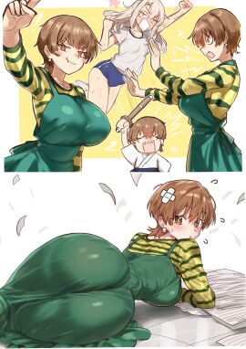 2girls :3 ass ass_focus ass_visible_through_clothes bandage big_ass big_breasts blush breasts brown_eyes brown_hair clothed cute_fang earrings ebora fat_ass fate/hollow_ataraxia fate/kaleid_liner_prisma_illya fate/stay_night fate/zero fate_(series) female female_only fujimura_taiga green_dress hanging_breasts hi_res huge_ass huge_breasts illyasviel_von_einzbern laying_down light-skinned_female light_brown_eyes light_brown_hair light_skin on_floor on_ground paper short_hair sweat sweatdrop thick_thighs tight_clothing tight_dress type-moon very_short_hair youngmanisdown