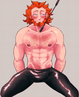 1boy 2021 abs arm_hair body_hair chest_hair facial_hair furadarisan ginger human lysandre_(pokemon) male nintendo plain_background pokemon pokemon_xy riding_crop shirtless shirtless_male solo_human solo_male sweat