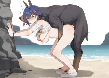 amana ambiguous_consent beach belle_(zenless_zone_zero) blue_hair blush breasts canid canine canine_on_human canis doggy_style domestic_dog female female_on_feral feral feral_on_female feral_on_human feral_penetrating feral_penetrating_human hanging_breasts human_female human_on_feral human_penetrated large_breasts male ocean outdoors pale-skinned_female pale_skin sandals sex sex_from_behind shirt standing_sex straight striped submissive_human swinging_breasts white_skin zenless_zone_zero zoophilia