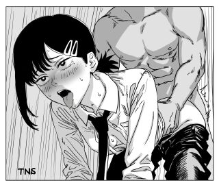 1boy absurdres ahe_gao blush chainsaw_man female fujimoto_tatsuki_(style) greyscale higashiyama_kobeni highres looking_at_viewer male monochrome non-web_source open_mouth pants sex straight tns