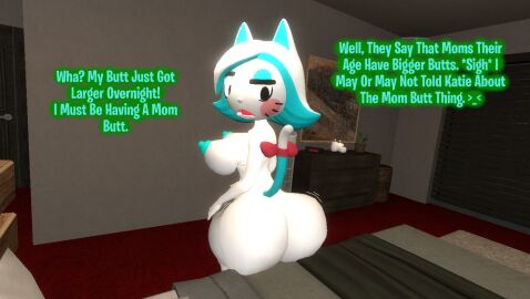 1girls 3d ass ass_bigger_than_head ass_cheeks ass_growth ass_jiggle bed bedroom breasts bubble_ass bubble_butt cat_ears cat_girl cat_tail confused_look dialogue female garry's_mod gmod kaibernation karen_(smg4) karen_katphish massive_ass milf mom_butt morning smg4 text turquoise_nipples