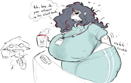 2d 2d_(artwork) 2d_artwork 2girls ass big_ass big_breasts big_butt breasts bubble_ass bubble_butt butt_digging clock clothed clothed_female clothes clothing coffee_mug ear_piercing female female_focus female_only hair implied_ass_cleavage long_hair multicolored_hair nose_piercing nurse open_mouth public scratching scratching_butt sharp_teeth talking text text_bubble thick thick_ass thick_thighs thighs thunder_thighs thunderthighs vampire vampire_girl yobaba