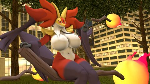 3d 3d_(artwork) anthro anthropomorphic baek-myo big big_breasts breasts delphox dnrud12 female fire fire_on_sticks fire_type mahoxy mega_delphox mega_evolution mega_evolved mega_mahoxy no_nipples peace_sign pokegal pokegirl pokegirl_as_pokemon pokemon pokemon_(species) pokemon_za pokemorph sfm source_filmmaker sourcefilmmaker wooden_stick wooden_twigs