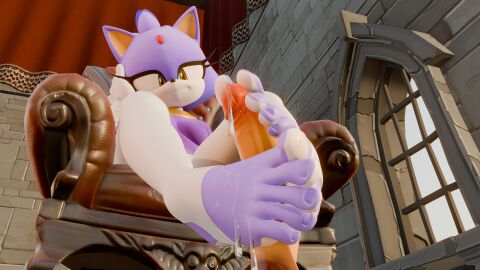 3d 3d_(artwork) anthro blaze_the_cat bodily_fluids clothing digital_media_(artwork) domestic_cat duo erection feet felid feline felis female foot_fetish foot_play footjob fur genital_fluids genitals gloves handwear hi_res male male/female mammal multicolored_body multicolored_fur penis precum purple_body purple_fur sega sex smile sonic_(series) sonic_the_hedgehog_(series) twintails3d two-tone_body two-tone_fur white_body white_fur yellow_eyes