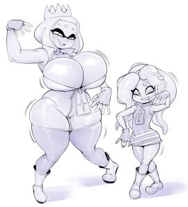2girls aged_down aged_up appearance_swap ass attribute_swap black_and_white body_swap boots breasts busty cleavage clothed clothed_female crown curvy curvy_female digital_media_(artwork) dop doplino dress female female_only fingerless_gloves flat_chest flat_chested gloves greyscale height_swap huge_ass huge_breasts inkling jiggle jiggling_ass jiggling_breasts marina_(splatoon) nintendo no_bra octoling pearl_(splatoon) pose revealing_clothes role_reversal simple_background size_difference small_breasts smile splatoon splatoon_(series) splatoon_2 sweatdrop teasing tentacle_hair white_background young young_female younger_female zipper