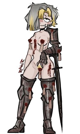 armor armored_female biting_lip blonde_hair blonde_pubic_hair drooling eyes_rolling_back female flat_chest kromer_(limbus_company) limbus_company naked naked_female nipple_piercing nipples nude nude_female project_moon pubic_hair pussy rawriscruel silver_eyes silver_hair talisman wax wax_on_body wax_play weapon