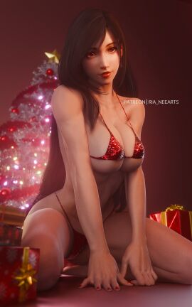 3d artist_name bikini bikini_bottom bikini_top black_hair breast_squeeze breasts christmas christmas_outfit christmas_present christmas_tree female final_fantasy final_fantasy_vii final_fantasy_vii_rebirth final_fantasy_vii_remake fit fit_female gift_box highres kneeling lipstick long_hair makeup painted_nails patreon_username posing red_eyes red_lipstick red_nails ria-neearts simple_background tifa_lockhart toned