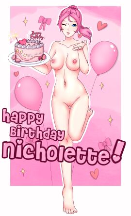 1girls balloon barefoot birthday birthday_cake blowing_kiss blue_eyes breasts completely_nude female female_only long_hair navel navel_piercing nicholette_(zamo-jus-97) nicholette_jeune_zavala nipples nude nude_female nudist pink_hair ponytail pussy solo voicexofxviolence wink zamo-jus-97