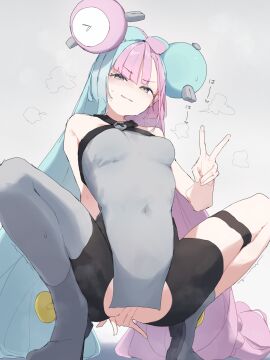 bare_shoulders bike_shorts blue_hair breasts covered_navel double_bun female from_below furrowed_brow hair_bun highres implied_fingering implied_masturbation iono_(pokemon) light_blue_hair long_hair looking_at_viewer makkurourufu multicolored_hair narrowed_eyes navel open_clothes peace_sign pelvic_curtain pink_hair pokemon pokemon_sv simple_background sitting sleeveless solo_focus spread_legs squatting steam striped_bike_shorts striped_clothes trembling twintails v v_sign very_long_hair white_background